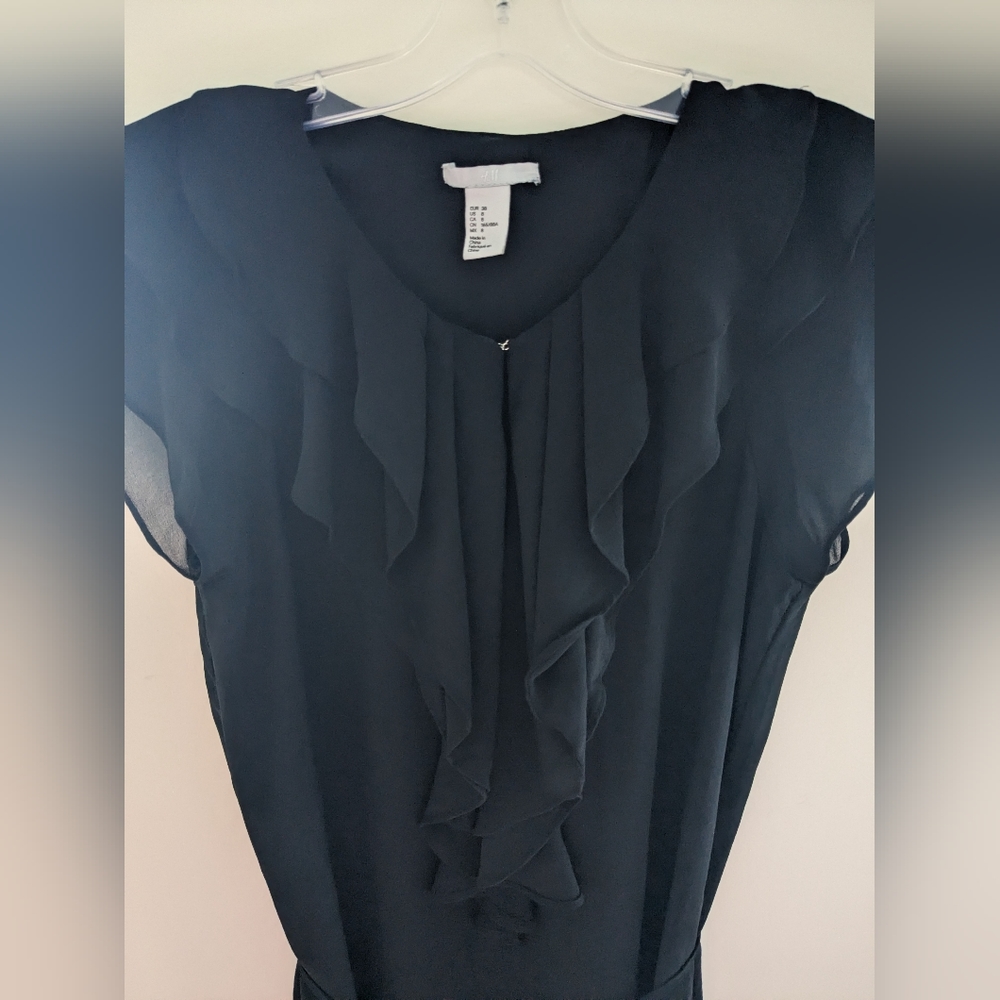 H&M Black Front Ruffle Chiffon Mini Dress US 8